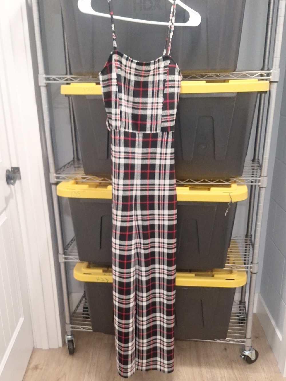 Almost Famous Plaid Spaghetti Strap Jumpsuit in Black, White & Red